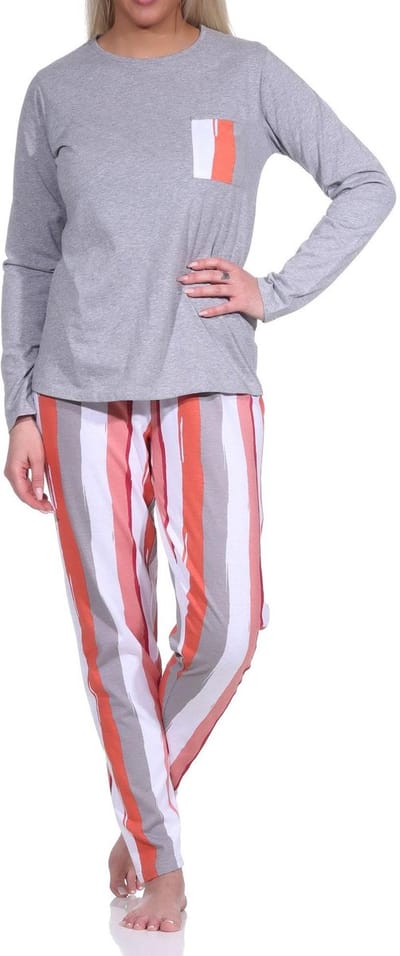 Casual lange damespyjama met een geweldige kleurencombinatie - bloemen/strepen