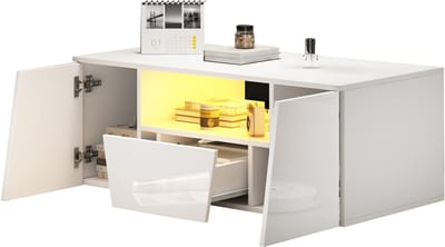 MODFU Salontafel 100x50x40 cm van spaanplaat, hoogglans wit met LED-licht, 2 kasten, 1 lade