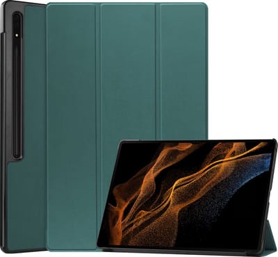 Hoes Geschikt voor Samsung Galaxy Tab S10 Ultra Hoes Book Case Hoesje Trifold Cover Met Uitsparing Geschikt voor S Pen - Hoesje Geschikt voor Samsung Tab S10 Ultra Hoesje Bookcase - Donkergroen