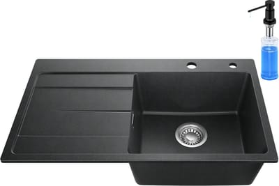 SOFETIY MAX Granieten Spoelbak 78x45CM Zwart - Spoelbakken Keuken Met Zeepdispenser 300ML - Spoelbak Met Planchet en Afdruiprek - Spoelbakken Incl. Sifon en Afvoerzeefje