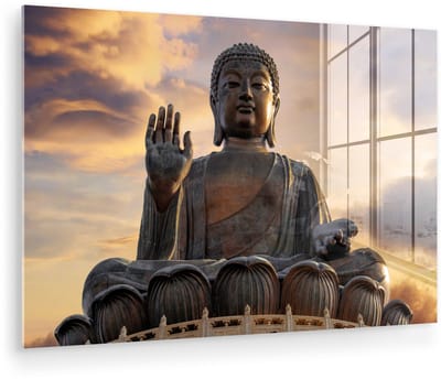 ® Glasschilderij 180x120 cm - Schilderij acrylglas - Zonsondergang achter de Tian Tan Boeddha in Hongkong - Foto op glas - Muurdecoratie woonkamer - Wanddecoratie slaapkamer - Schilderijen