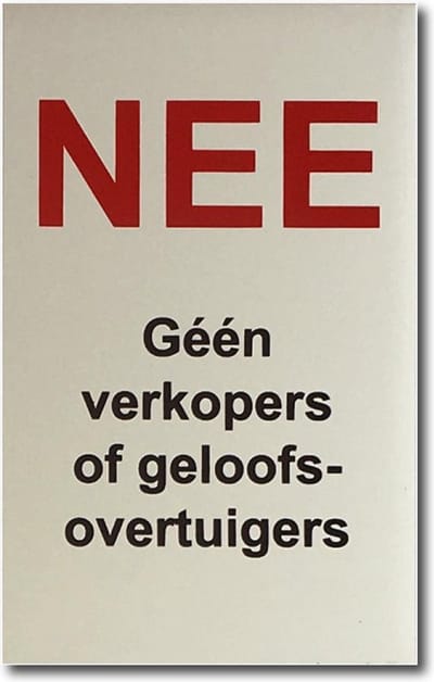 NEE Géén Verkopers of Geloofsovertuigers sticker bordje Aluminium - Bevestiging dubbelzijdige plakstrip - 80 x 50 x 1 mm.
