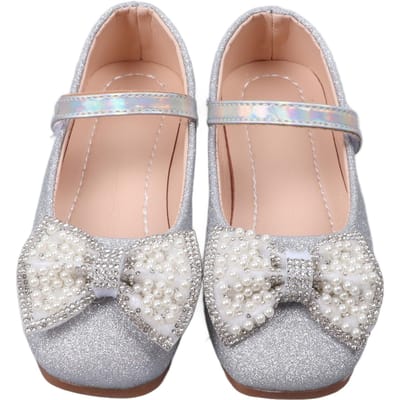 Meisjes Strass Nep Parel Strik Decoratie Schoenen Kind Modieus Elegant PU Leer Glitters Platte Schoenen 28 zilver