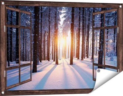 Gards Tuinposter Doorkijk Bos met Sneeuw tijdens de Zonsondergang - 90x60 cm - Tuindoek - Tuindecoratie - Wanddecoratie buiten - Tuinschilderij