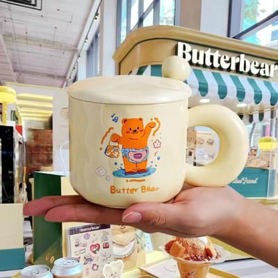 Schattige Butter Bear Keramische Mok met Deksel Lepel voor Meisjes Kantoor Ontbijt Koffie Drinkbeker Praktisch Cadeau 301-400ml