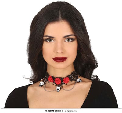 Fiestas Guirca - Kanten Choker met skeletten en rozen - Halloween - Halloween accessoires - Halloween verkleden