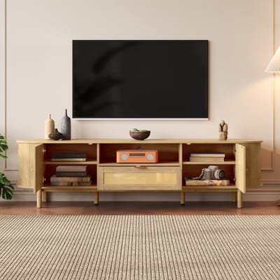 Moderne TV-meubel 175x36x51 cm - uitgerust met rotan lades en open compartimenten - ronde tafelblad - houtnerf metalen poten