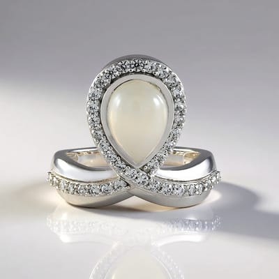 Cavill - Zilveren ring 925 Sterling zilver - Witte maansteen 2,475 ct - 39 Zirkonia 0,702 ct - Elegante damesring peervorm cabochon