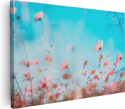 Artaza Canvas Schilderij Cosmea Bloemen - 30x20 cm - Klein - Muurdecoratie Wildebloemen - Wanddecoratie Turquoise - Kamer Accessoires