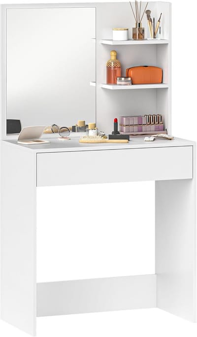 Make-uptafel met spiegel, lade en planken voor slaapkamer wit