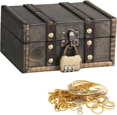 Vintage Houten Schatkist met Combinatieslot voor Opslag, Decoratie en Cadeaus, 15 x 12 x 7.5 cm - Unieke Vintage Box voor Sieraden en Verzamelingen