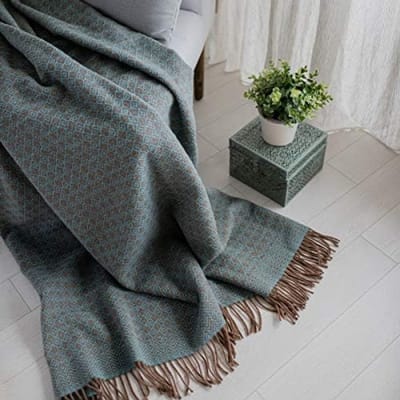 PolkaHome Hoogwaardige Wollen Deken Woondeken Knuffeldeken met Ruitpatroon - 100% Nieuw-Zeelandse Wol, Bruin Aqua Blauw Turquoise (140x200 cm) Plaid voor Huis Decoratie Woonkamer Slaapkamer