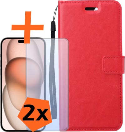 Hoes - Met 2x Screenprotector - Geschikt voor Apple iPhone 15 - Luxe Pasjeshouder - Bookcase Portemonee - Flip Case - Kunstleer Book Case - Flipcase Hoes - Book Cover - Walletcase - PortemonneeHoes - Rood