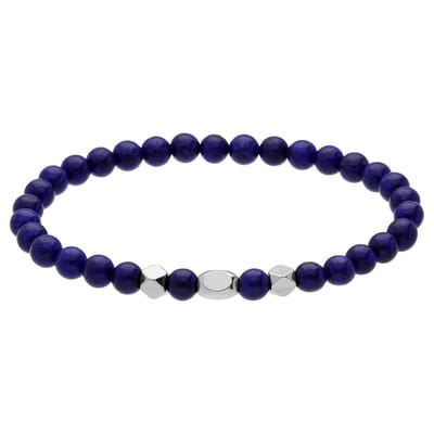 Lucardi - Heren Stainless steel herenkralenarmband blauwe lapis - Armband - Staal - Zilverkleurig - 19 cm