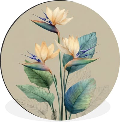 WallCircle - Wandcirkel - Muurcirkel - Paradijsvogelbloemen - Blauwgroene bladeren - Beige - Aluminium - Dibond - 30x30 cm - Binnen en Buiten
