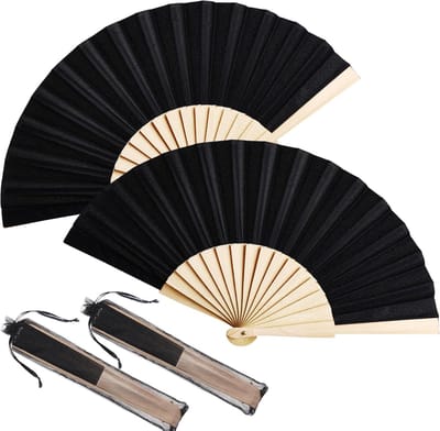 Daity 2 stuk – Stoffen Handwaaiers – Chinese en Japanse Opvouwbare Waaiers (8,27 inch) met Trekkoordzakjes – Draagbaar – Voor Dames, Bruiloften, Dansen, Kerk, DIY-projecten en Zomerfeestjes (zwart)