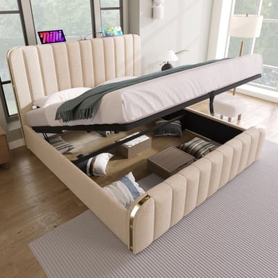 Gestoffeerd Bed 140x190 cm - Tweepersoonsbed Met USB-C Aansluiting en Hydraulische Opbergruimte - Zonder Matras - Stof Metaal Hout - Beige