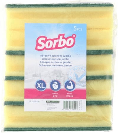 Sorbo Schuurspons - 5x stuks - 17x10x5 cm - schoonmaakspons - groene schuurvlak - viscose