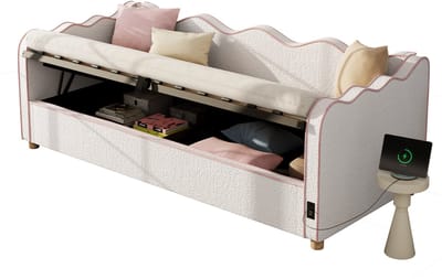 OKWISH Daybed 90x200 cm - Met Hydraulische Opbergruimte En USB Aansluiting - Zonder Matras - Bouclé - Beige