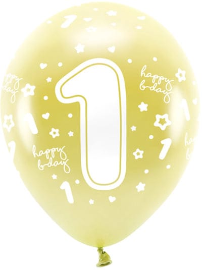 Eco ballonnen 33 cm, cijfer ''1'', goudkleurig (1 verpakking / 6 stuks)