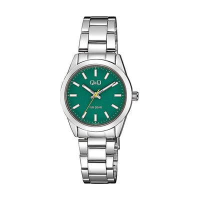 Q&Q Q82A-003PY - Horloge - Analoog - Dames - Vrouwen - stalen band - Rond - Metaal - Streepjes - Zilverkleurig - Groen - 5 ATM