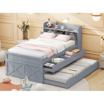 ModernLuxe Massief houten onderschuifbed - 90x190cm - met 2 lades en USB-oplaadpoort op de plank - Grijs