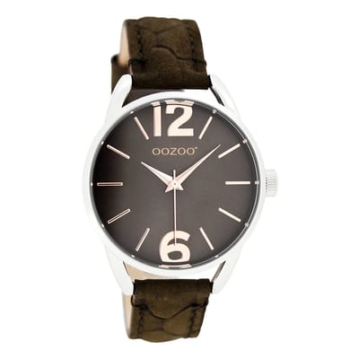 OOZOO Timepieces - Zilverkleurige horloge met donker bruine leren band - JR283