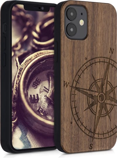 kwmobile telefoonhoesje geschikt voorApple iPhone 12 mini - Hoesje met bumper - hout - In donkerbruin Vintage Kompas design