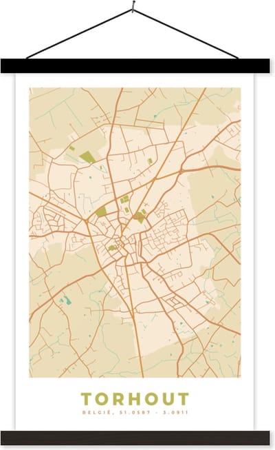 Posterhanger incl. Poster 40x60 cm - Schoolplaat - Plattegrond - Stadskaart - Kaart - Torhout - België - Textielposter - Zwarte latten - Stadskaart