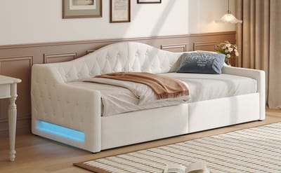 Gestoffeerd dagbed 90x200 - Beige dagbed met linnen bekleding - LED-verlichting aan beide zijden - Opbergruimte - Draagvermogen 200 kg