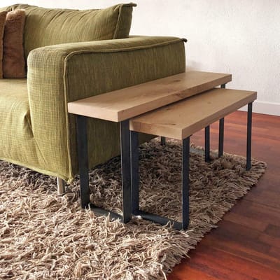 GoudmetHout® Bijzettafel Set Industrieel - 100 cm - Salontafel Woonkamer - Sidetable - Eikenhout Koffietafel - Bank Tafel met Ruw Staal - Coffee Table
