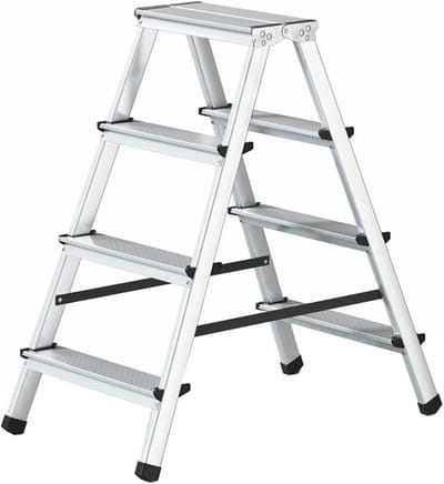 Verte Huishoudtrap 4 Treden - 4-Traps Aluminium Dubbelzijdige Huishoudladder – Draagvermogen 125 kg – Trapladder met Werkplatform – Multifunctionele Ladders – 4 Trapladders – 44 x 86,5 x 16 cm – Zilver