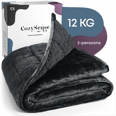 CozySense® Verzwaringsdeken 12kg - 200x200cm - Dubbelzijdig Zwaartedeken met Flanel & Sherpa Kant - Weighted Blanket - Verzwaarde Deken met GLASS-Flow® Drukverdeling - Zwart
