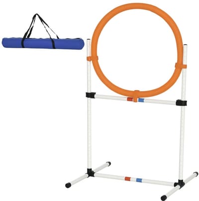 Honden trainingsset multifunctionele behendigheid sprongring 74,5x66x91 cm wit+oranje, inclusief draagtas, draagbaar PE-materiaal, eenvoudig te monteren en schoon te maken, geschikt voor binnen- en buitentraining van huisdieren