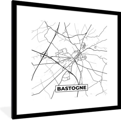 Fotolijst incl. Poster Zwart Wit- Zwart Wit – België – Plattegrond – Stadskaart – Kaart – Bastogne - 40x40 cm - Posterlijst