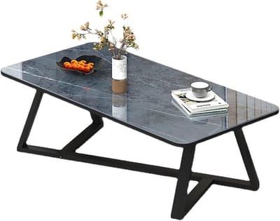 Moderne Rechthoekige Salontafel met Faux Marmeren Tafelblad en Zwarte Metalen Onderstel