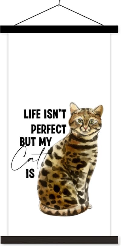 Posterhanger incl. Poster 40x80 cm - Schoolplaat - Spreuken - Life isn't perfect but my cat is - Quotes - Katten - Textielposter - Zwarte latten