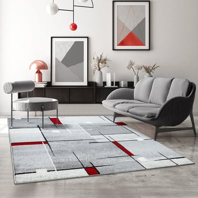 Mia’s Teppiche Modena – moderne korte pool woonkamer & slaapkamer vloerkleed, contour gesneden, grijs rood contour, 80 x 140 cm