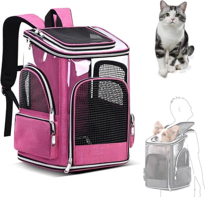 Huisdierrugzak voor katten en puppy's, goedgekeurd door de luchtvaartmaatschappij, ademende reistas voor grote katten, comfortabel en handig ontwerp, roze