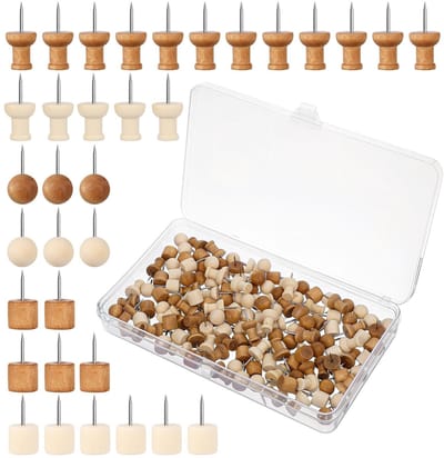 Dailygoods- Houten Punaises 150 Stuks - 6 Stijlen - Prikbordspelden - Kurkbord - Kantoor/School - Bamboe/IJzer - Houtkleur - Prikspelden