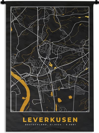Wandkleed - Wanddoek - Leverkusen - Goud - Stadskaart - Plattegrond - Duitsland - Kaart - 120x180 cm - Wandtapijt