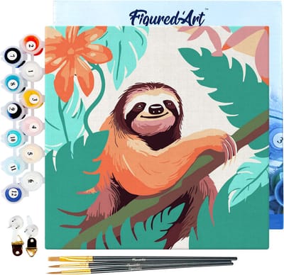Figured'Art Mini Schilderen op Nummer Volwassenen 20x20cm met lijst Tropische Luiaard - Klein Formaat Creatieve Hobby Kit DIY Art Nummer Compleet