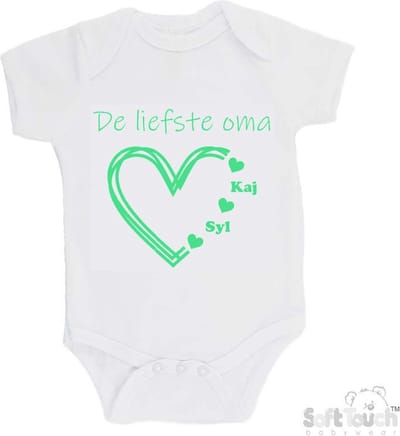 100% katoenen Romper "De liefste oma met de namen van 2 kleinkinderen" Unisex Katoen Wit/mint Maat 62/68