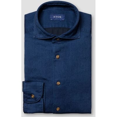 Eton Overhemd Satin Indigo Cotton Contrast Buttons Garment Washed Donker Blauw / male