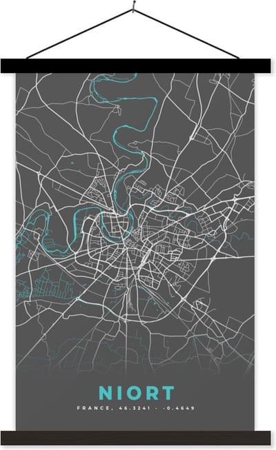 Posterhanger incl. Poster 40x60 cm - Schoolplaat - Niort - Plattegrond - Kaart - Frankrijk - Stadskaart - Textielposter - Zwarte latten - Stadskaart
