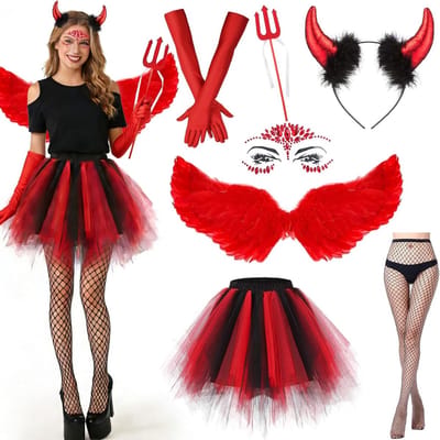 7-delig Duivel Kostuum met Rode Engel Vleugels en Hoorns voor Vrouwen, Perfect voor Carnaval en Themafeesten