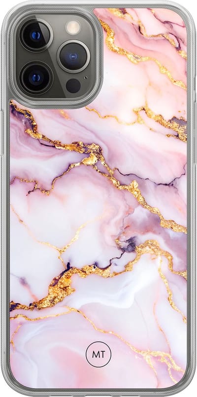 Hybride hoesje geschikt voor iPhone 12- Marble pink - Extra bescherming - Luxe beschermhoes - TPU case - Transparant, Roze - Mooie Telefoonhoesjes