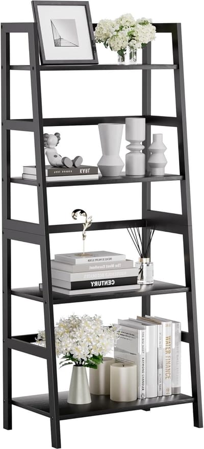 “Ladderplank Boekenrek met 4 Niveaus – Vrijstaand Bamboe Opbergrek voor Badkamer, Woonkamer, Kantoor of Slaapkamer – Zwart”