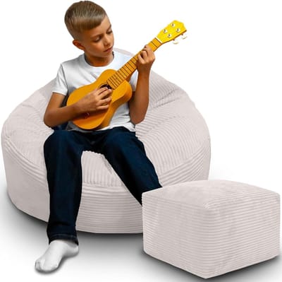 DreamRoots Zitzak voor Volwassenen & Kinderen – Corduroy Bean Bag Stoel met Voetsteun & Hoes – Inclusief Vulling – 70x70x70 cm – White Dove