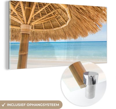 MuchoWow® Glasschilderij 40x20 cm - Schilderij acrylglas - Parasol - Strand - Zee - Tropisch - Foto op glas - Schilderijen